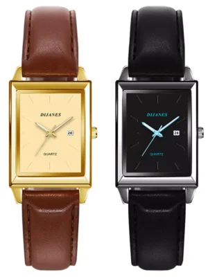 Women's Retro Rectangle Leather Strap Quartz Wrist Watch Simple Date Dress Watch